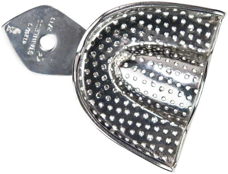 Abdrucklöffel ERGOLOCK aus Edelstahl für Oberkiefer mit Perforationen.