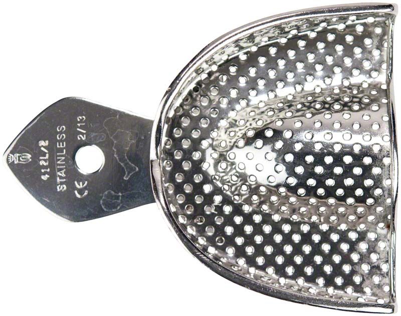 Abdrucklöffel ERGOLOCK gelocht Oberkiefer L aus Edelstahl mit Retentionsrand.