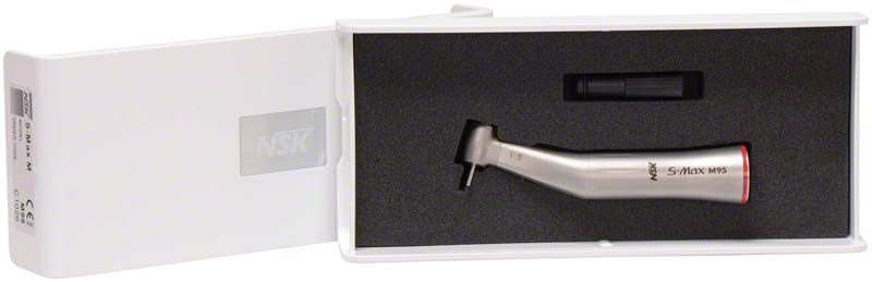 Zahnmedizinisches S-Max M Winkelstück M95 rot in geöffneter Schutzhülle.