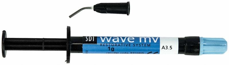 Lichthärtendes Composite Wave MV Spritze A3,5 mit blauer Kappe und Applikationskanüle.