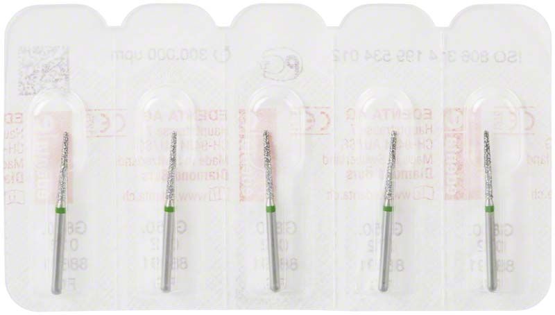 Diamantschleifer FG 850G 012 in Blisterverpackung für Zahnarztbohrer.