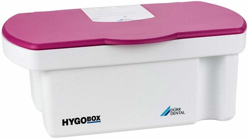 Hygobox mit pinkem Deckel und weißem Siebeinsatz für Dentalinstrumente