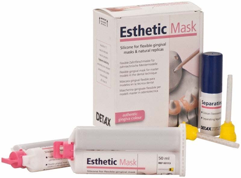 Esthetic Mask Kartuschen und Verpackung mit Zubehör im Zahntechnik-Set.