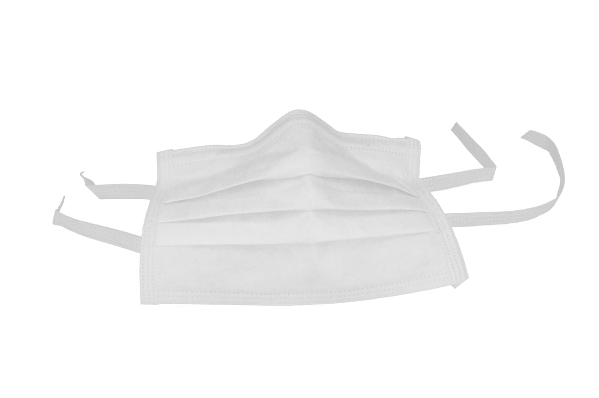 3-lagiger weißer Einwegmundschutz mit drei Bändern für dentalen Gebrauch.