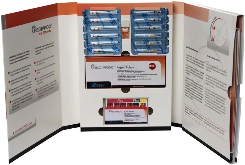 RECIPROC® System Kit 12 25mm für Wurzelkanalaufbereitung mit Verpackung und Zubehör.