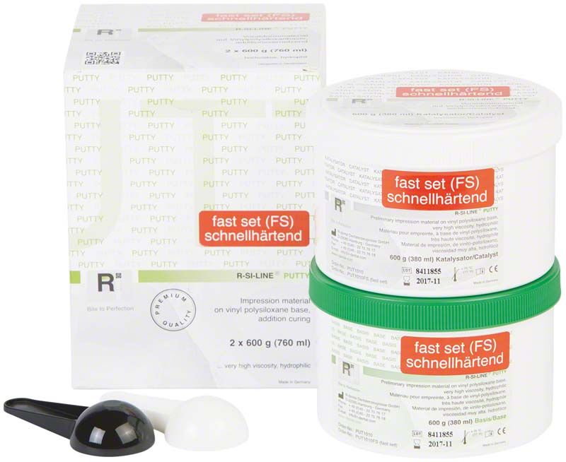 R-SI-LINE ® PUTTY FS Abformmaterial in zwei Dosen mit Messlöffeln.