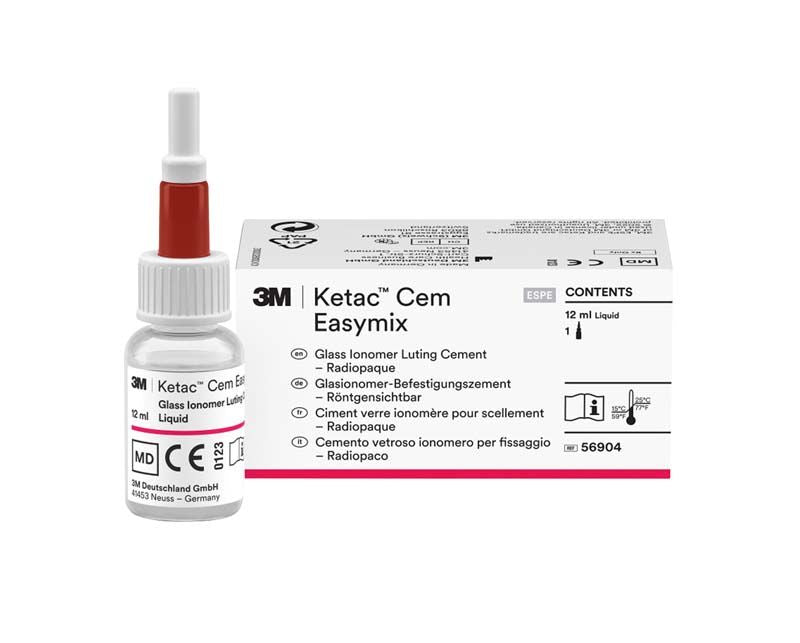 Ketac™ Cem Easymix Flüssigkeit mit Verpackung im Hintergrund.