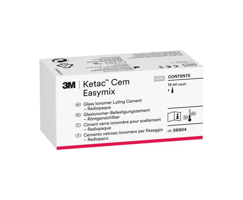 Ketac™ Cem Easymix Flüssigkeit in weißer Verpackung mit Produktspezifikationen.