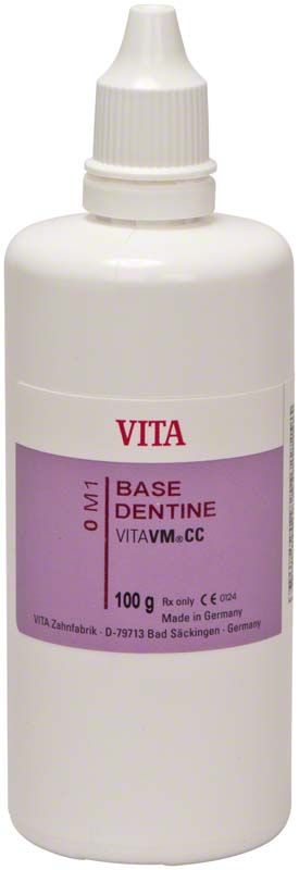 Weiße Flasche VITA VM CC 3D 100g Base Dentin 0M1 mit lila Etikett.