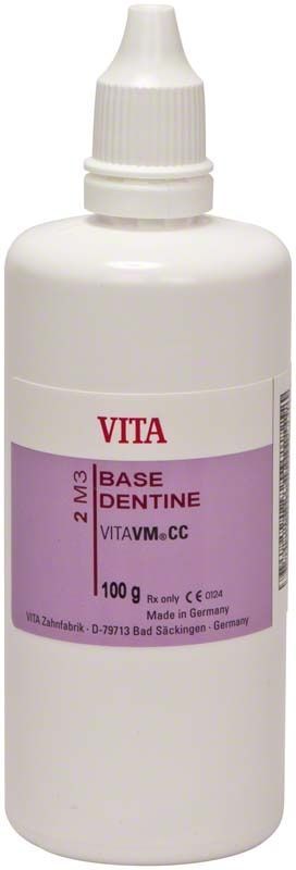 Weiße Flasche VITAVM®CC BASE DENTINE SYSTEM 3D-MASTER® 100g mit lila Etikett.