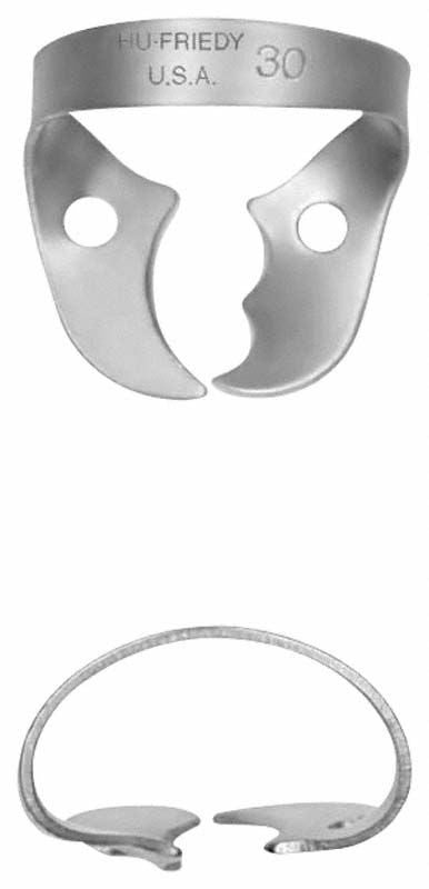 Kofferdam-Klammer Satin Steel Figur 30 für OK Molaren rechts.