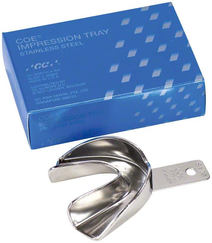 Unperforierter COE® Stahl-Löffel mit Verpackung von GC Impression Tray.