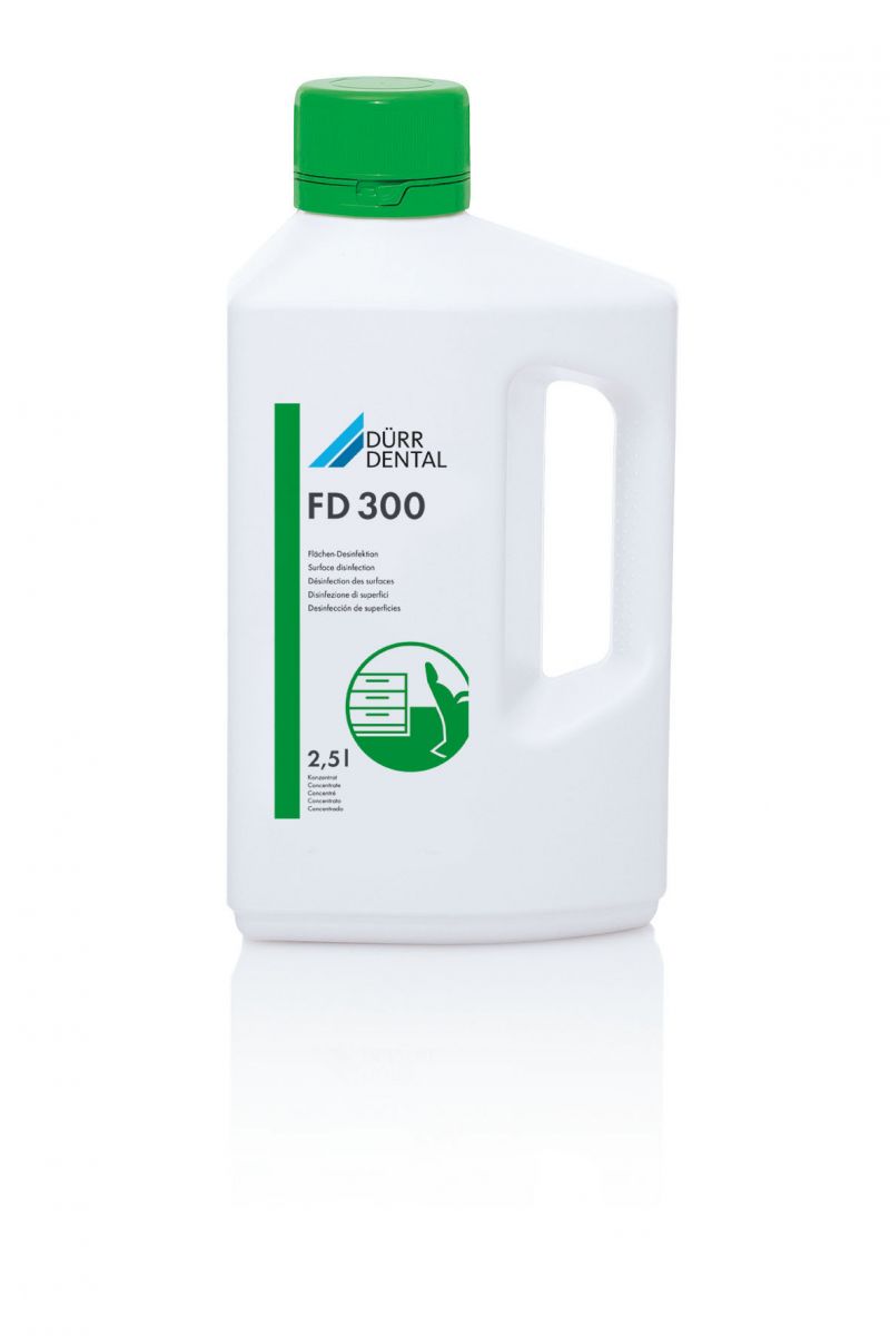 Hochwirksames FD 300 Desinfektionskonzentrat von Dürr Dental, 2,5 Liter Flasche.