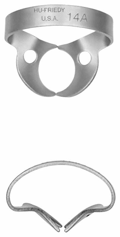Kofferdam-Klammer Satin Steel Figur W14A für Molaren im Zahnbereich.