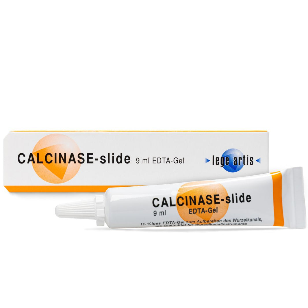 Calcinase-slide EDTA-Gel, Tube und Verpackung mit Produktinformationen.