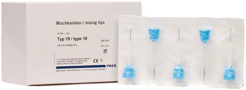 Verpackung von Mischkanülen Typ 19 mit blauen Mixingtips.