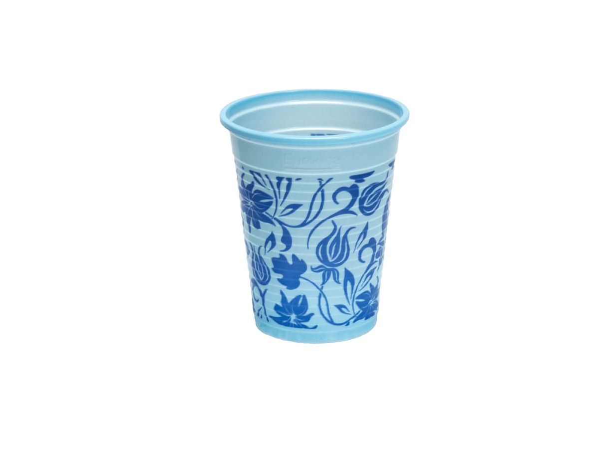 Monoart Mundspülbecher FLOWER blau mit Blumendekor, 180ml Volumen.