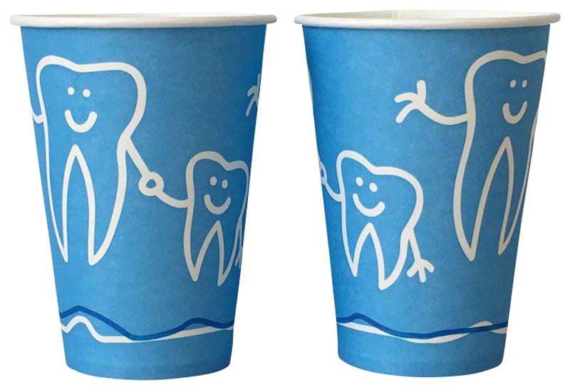 Blauer Mundspülbecher aus Hartpapier mit Zahndesign für Zahnarztpraxen.
