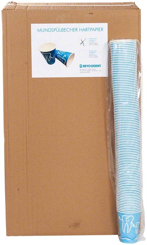 Mundspülbecher aus Hartpapier im Zahndesign, gestapelt neben Verpackung.