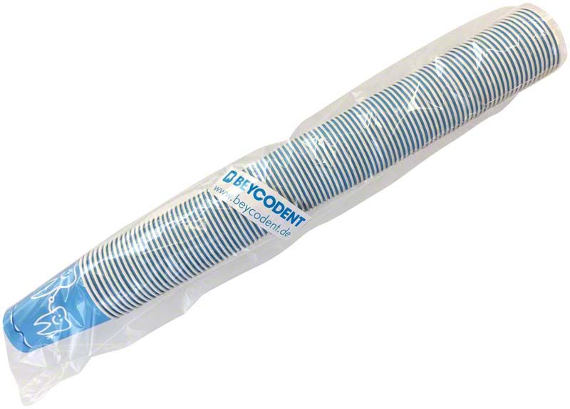 Gestapelter Mundspülbecher im Zahndesign, verpackt in transparenter Folie.