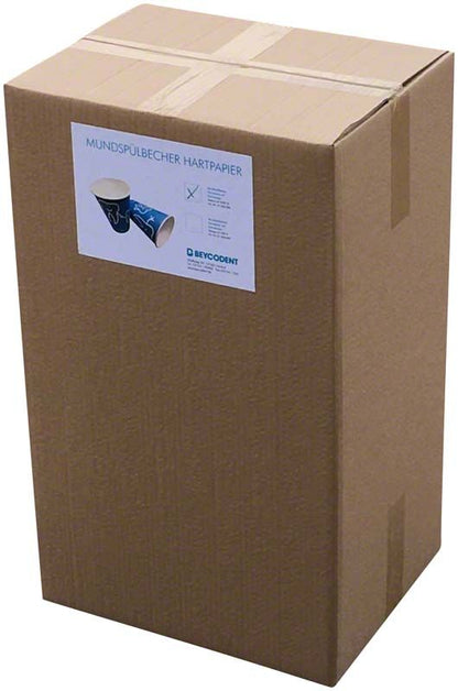 Kartonverpackung des Mundspülbechers mit Zahndesign und Produktetikett.