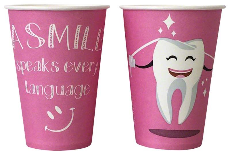 Einweg-Mundspülbecher aus Hartpapier mit rosa Zahndesign.