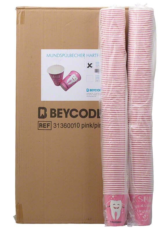 Mundspülbecher in rosa Zahndesign, gestapelt vor Verpackung.