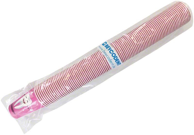 Einzeln verpackte rosa Mundspülbecher mit Zahndesign in Kunststoffhülle.