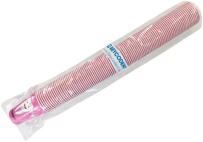 Einzeln verpackte rosa Mundspülbecher mit Zahndesign in Kunststoffhülle.