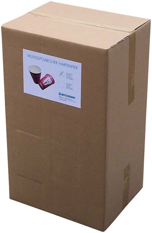 Kartonverpackung mit Etikett von Mundspülbechern im rosa Zahndesign.