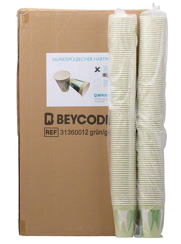 Mundspülbecher in grüner Zahndesign-Verpackung mit zwei Stapeln Becher.