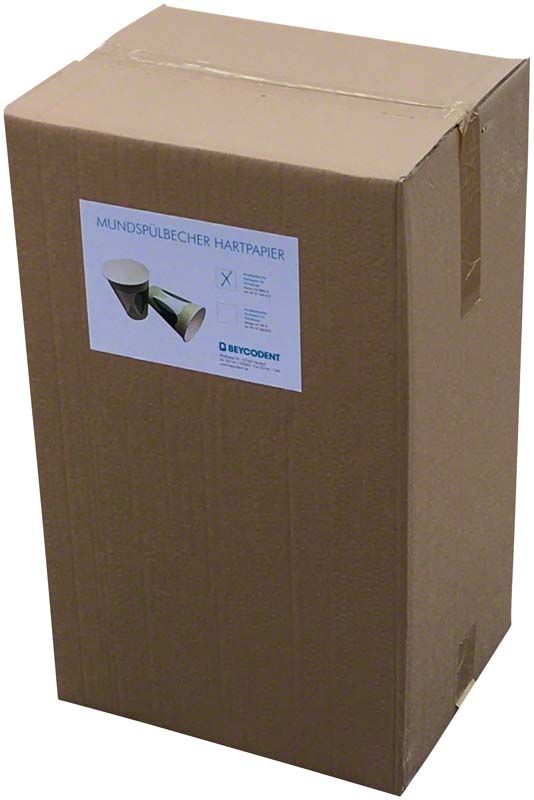 Großverpackung für Mundspülbecher Hartpapier Zahndesign mit Produktetikett.