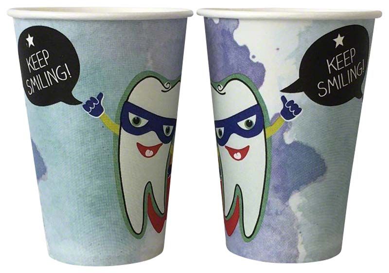 Mundspülbecher aus Hartpapier mit Zahndesign und "Keep Smiling"-Aufdruck.