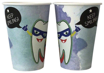 Mundspülbecher aus Hartpapier mit Zahndesign und "Keep Smiling"-Aufdruck.