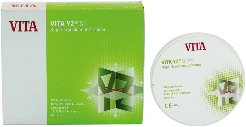 Verpackung und Scheibe von VITA YZ® ST Color Disk 14mm D2 aus transluzentem Zirkonoxid.