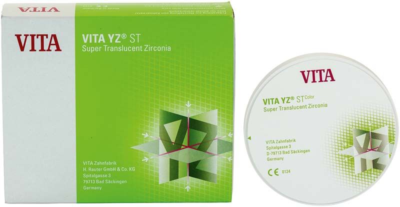 VITA YZ® ST Farb-Disk 25mm A1 aus transluzentem Zirkonoxid mit Verpackung.
