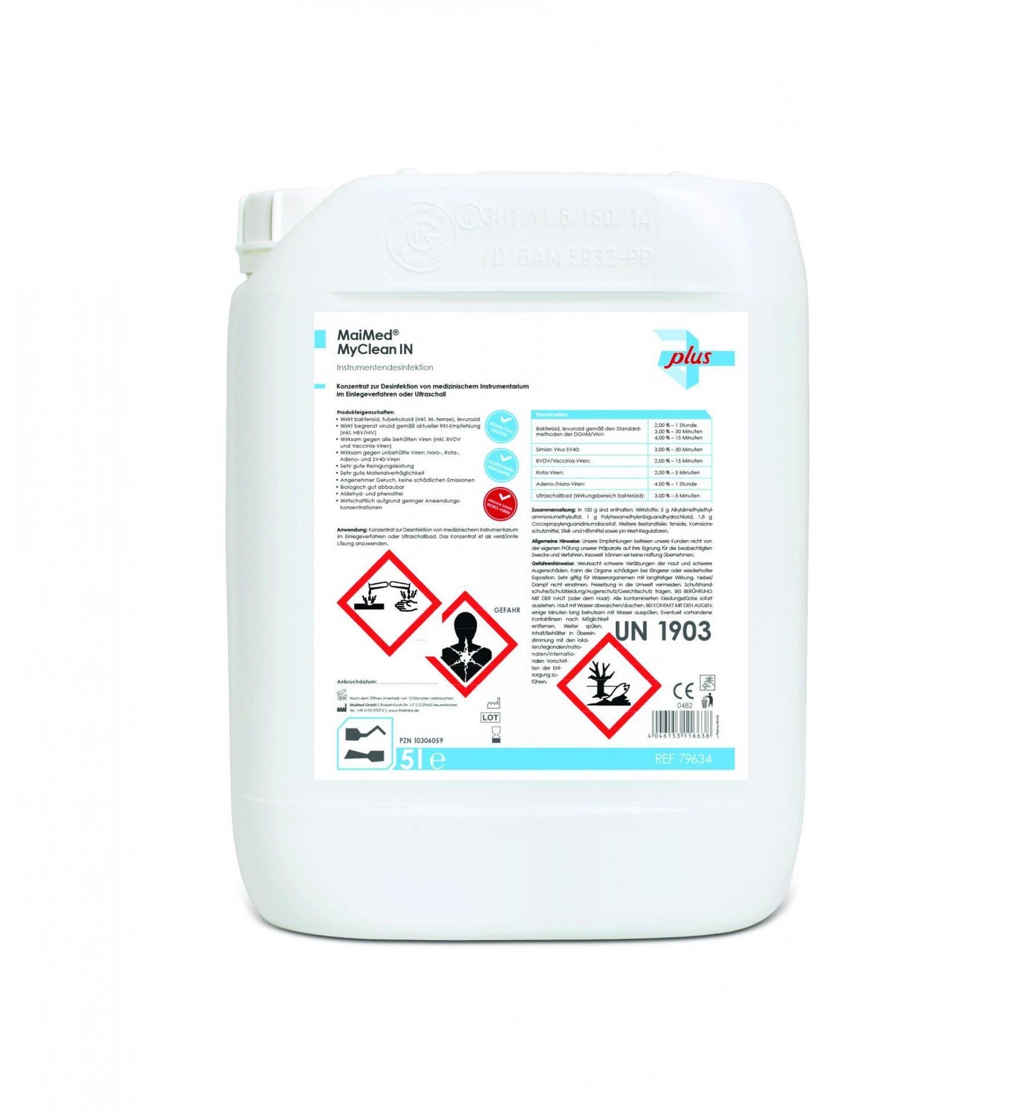 MyClean IN Instrumentendesinfektionsmittel 5 L Kanister mit Etikett und Gefahrensymbolen.