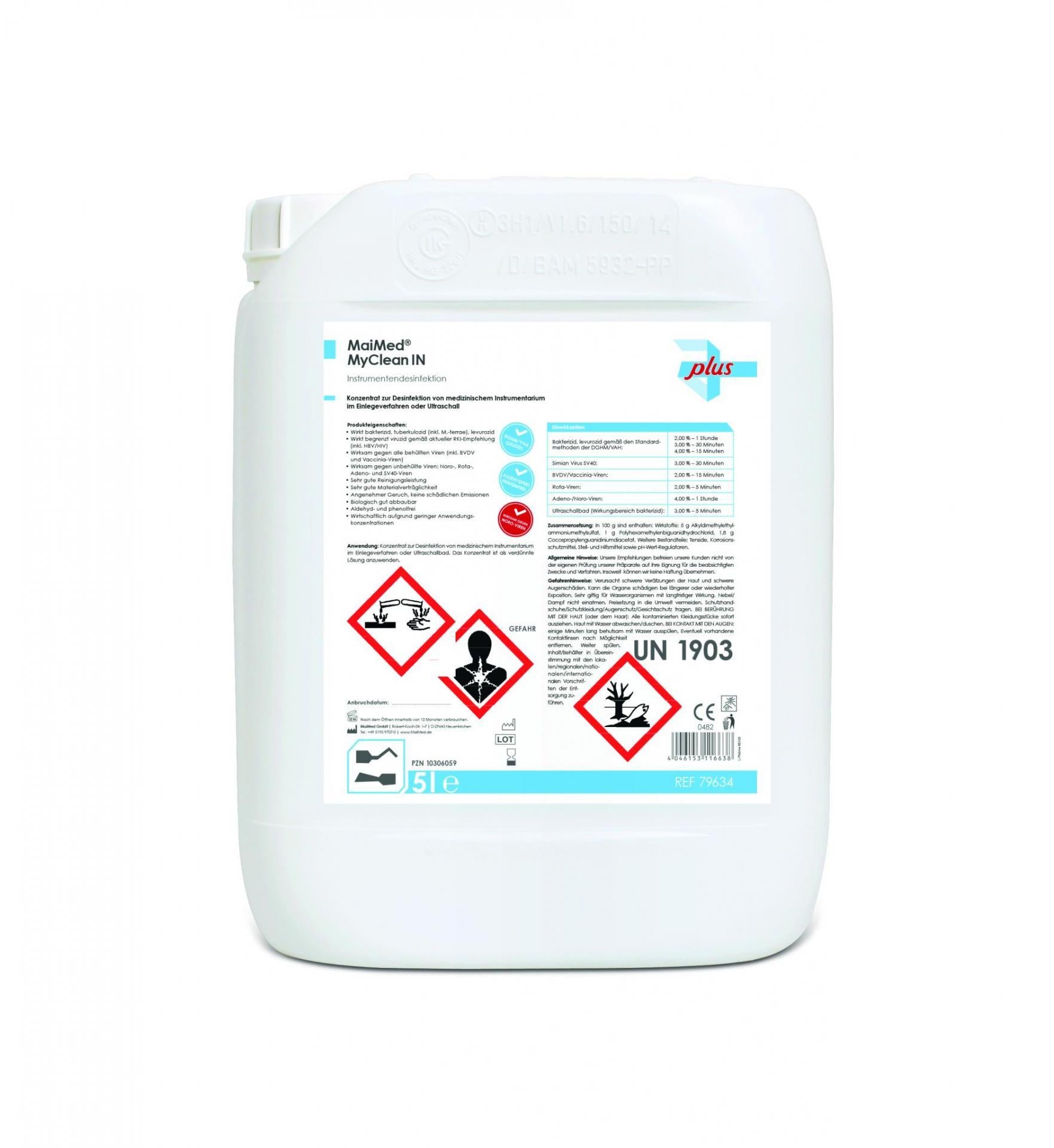 MyClean IN Instrumentendesinfektionsmittel 5 L Kanister mit Etikett und Gefahrensymbolen.