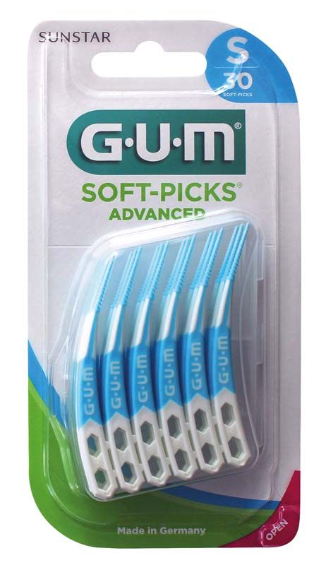 Blisterpackung mit 30 GUM® SOFT-PICKS® Advanced in Blau und Weiß.