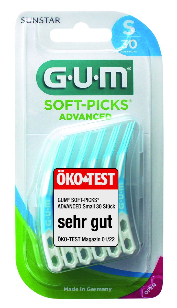 Blisterpackung mit 30 GUM® SOFT-PICKS® Advanced in Blau und Weiß, ÖKO-TEST-Siegel.