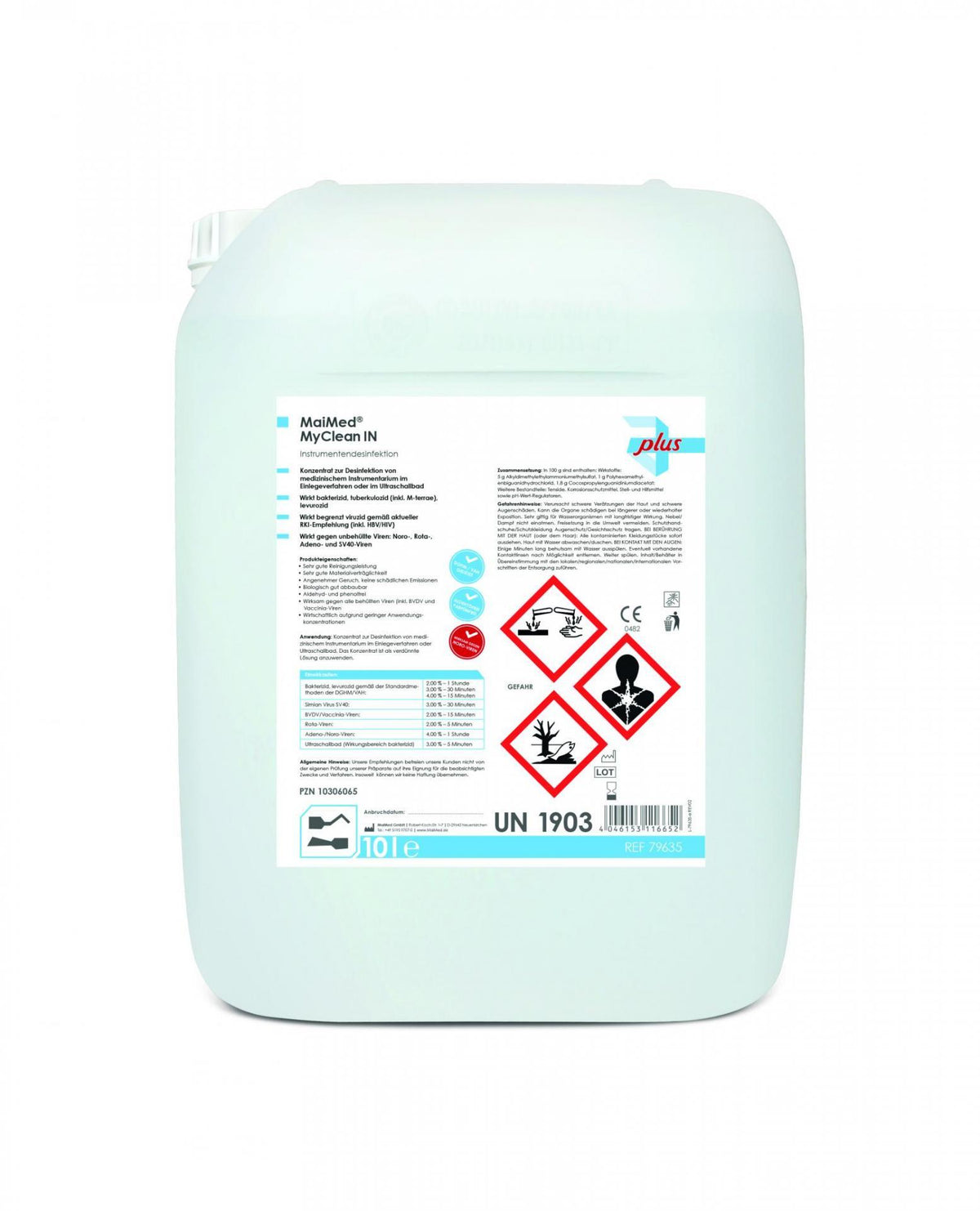 10-Liter-Kanister MyClean IN Instrumentendesinfektion mit Etikett und Gefahrensymbolen.