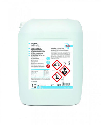 10-Liter-Kanister MyClean IN Instrumentendesinfektion mit Etikett und Gefahrensymbolen.