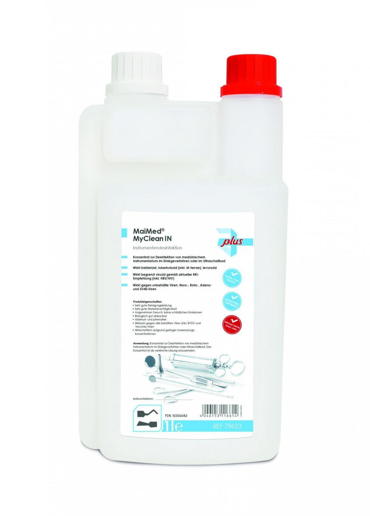 MyClean IN Instrumentendesinfektionsmittel 1 L Flasche mit Etikett und rotem Verschluss.