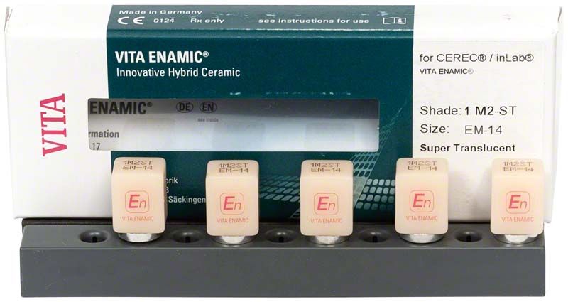 VITA ENAMIC Hybridkeramik-Blöcke für CEREC/inLab, Farbe 1M2, auf Halterung.
