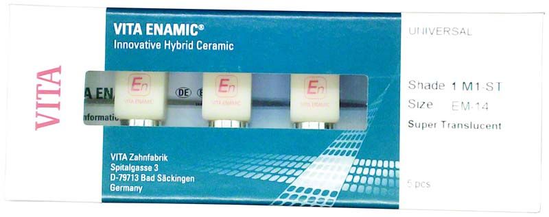 VITA ENAMIC® Zahnersatzblöcke EM-14 ST 1M1 in Verpackung.