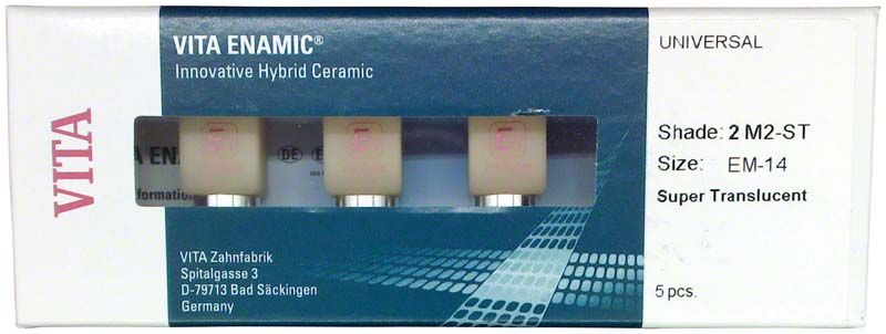VITA ENAMIC® Hybridkeramikblöcke EM-14 ST 2M2, 5 Stück, in Verpackung.