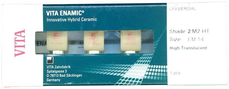 VITA ENAMIC® Universal EM-14 ST 3M2 in Originalverpackung mit drei Keramikblöcken.