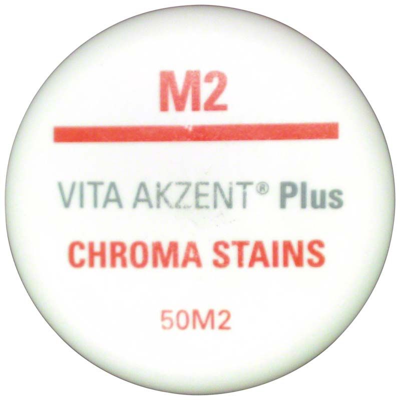 VITA AKZENT® Plus CHROMA STAINS Paste M2 in weißem Behälter mit rotem Aufdruck.