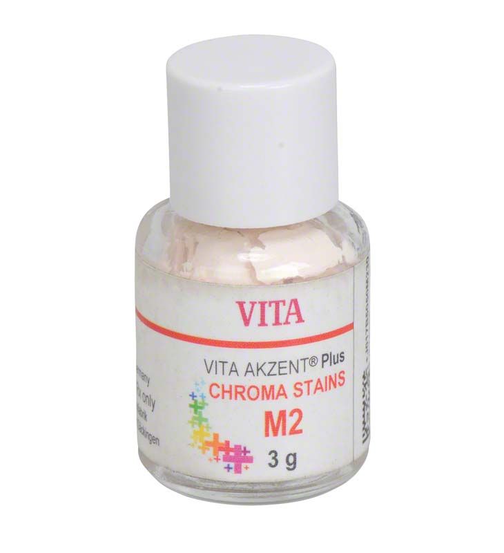 VITA AKZENT® Plus CHROMA STAINS Pulver M2 in weißem Behälter.