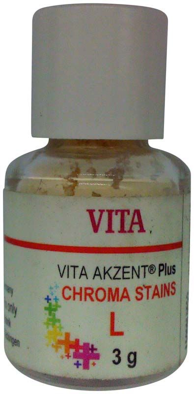 VITA AKZENT® Plus CHROMA STAINS Powder L in Flasche mit rotem Etikett.